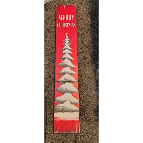 Wooden Merry Christmas Sign Red Snowy Tree Stackable Panels Holiday Cheer Decor - Picture 3 of 16